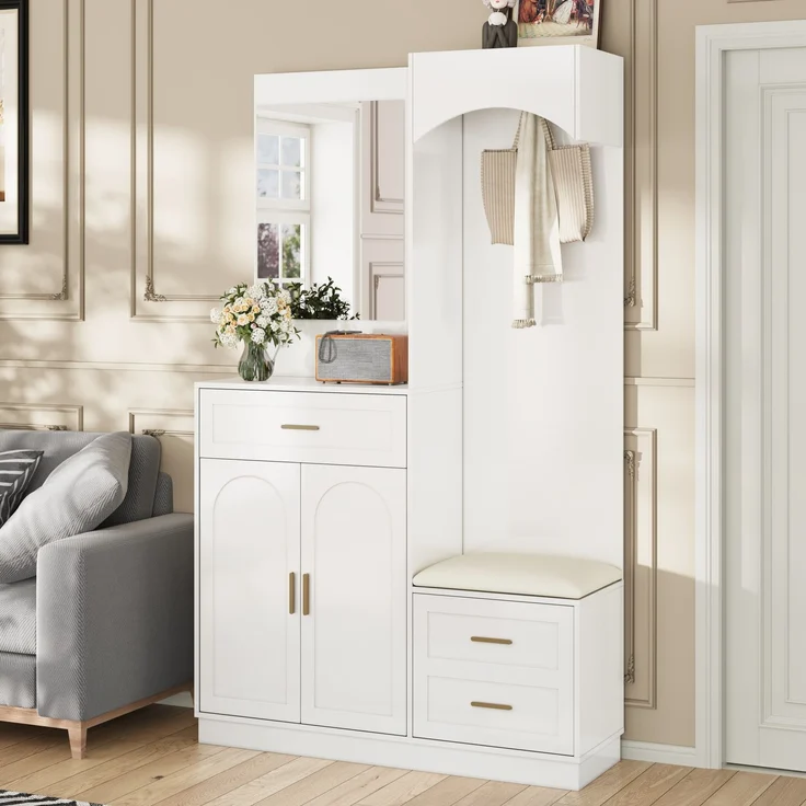 Moderne, Kompaktgarderoben,Garderobenschrank und Schuhschrankkombination, Eingangsschrank, multifunktionales Lagerregal mit Spiegel--Weiß--110x33x185.5cm--YOUDENOVA – Bild 9