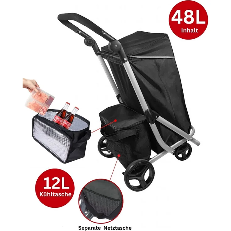 XXL Einkaufstrolley 48L Trolley Einkaufswagen Shopping Aluminium Troll04 Schwarz