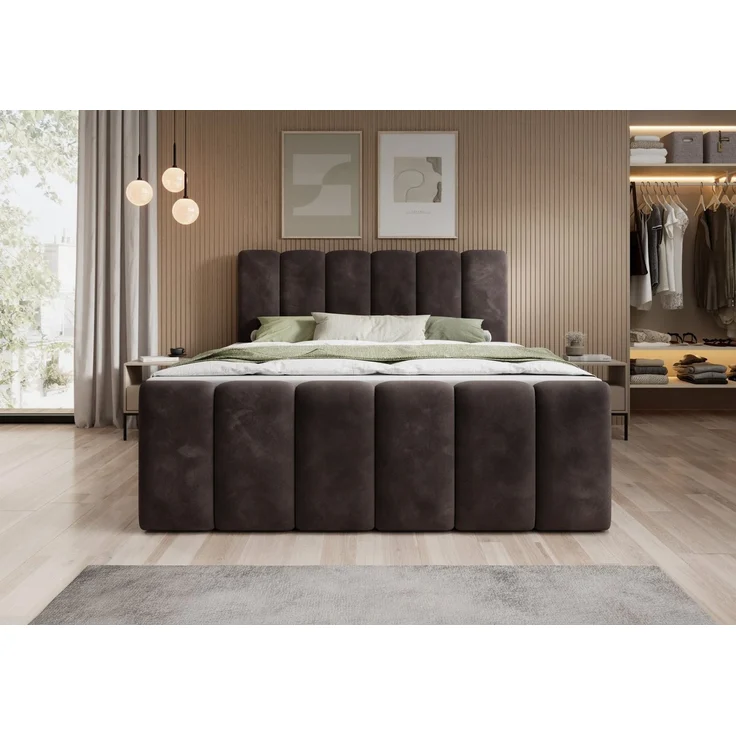 thematys Boxbett mit Bettkasten 200x200cm, mit Bonnellfederkernmatratze H3, Bouclé/Velours, mit Stauraum, mit 3 cm Topper, Espresso (Velluto 06) – Bild 2