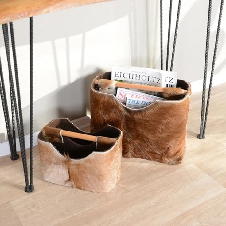 wohnfreuden Aufbewahrungsbox Zeitungsständer aus Ziegenfell und Teakholz 30 cm – Bild 2