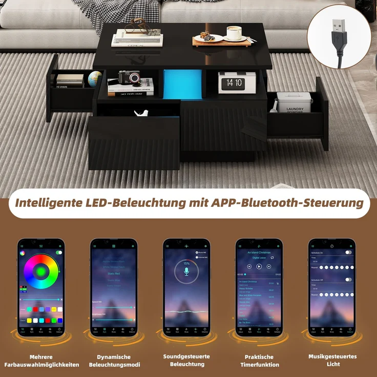 Merax Couchtisch mit LED licht, sofatisch mit 4 schubladen, Beistelltisch, Schwarz – Bild 7