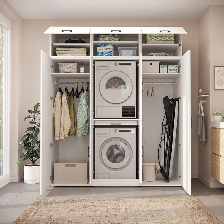 Roomart Waschmaschinenschrank - DORA-I- 190 cm breit - Wasch- & Trocknerschrank mit 2 Hochschränken, Türen & Ausziehbrett, Waschmaschinen-Überbau für Waschküche & Hauswirtschaftsraum • Weiß – Bild 5