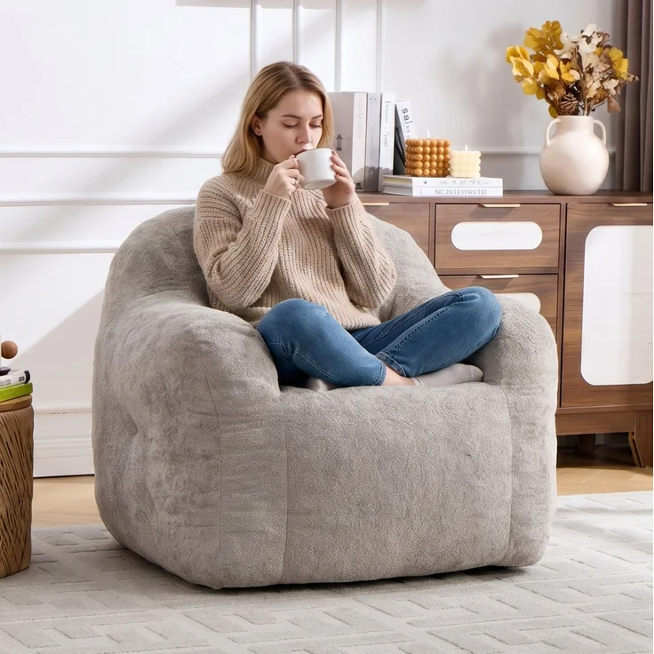 Sitzsack 95cm×95cm×79cm in Hellgrau mit Kunstfell – ergonomischer Loungesessel ohne Montage – Bild 3