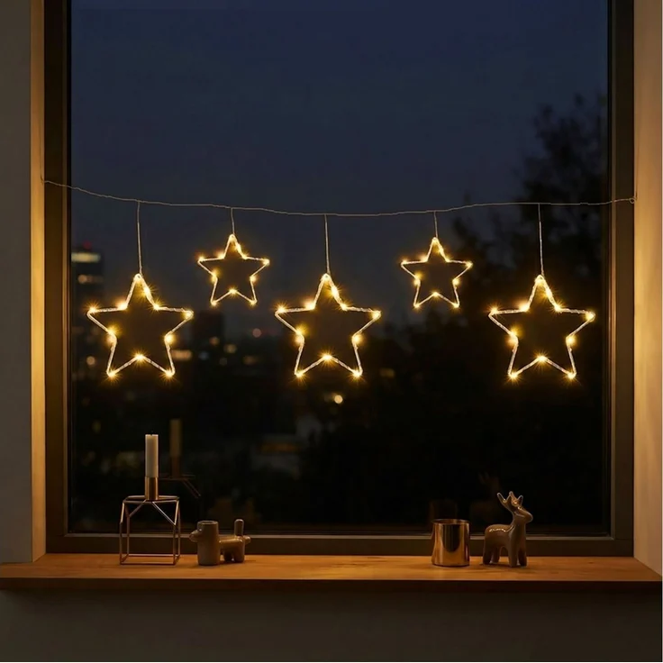 Spetebo LED-Lichtervorhang LED Lichtervorhang mit 5 Metall Sternen warm weiß, 5-flammig, 120 cm Länge - Weihnachten Fenster Beleuchtung mit Timer Batterie – Bild 3