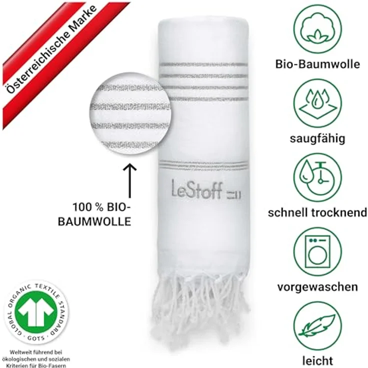 LeStoff Hamamtuch 100% Bio-Baumwolle, 95 x 180 cm, weiß-silber, schnelltrocknend, saugstark, vielseitig, GOTS-zertifiziert – Bild 3