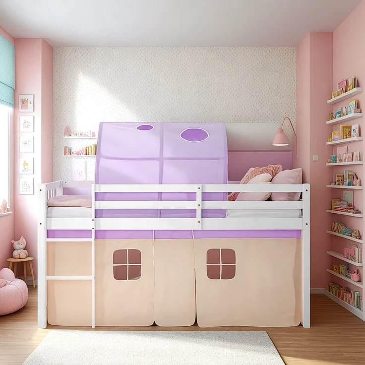 Hochbett Kinder 90x200 cm mit Matratze Kinderbett Kinderhochbett Stockbett Tunnel Vorhang Lila Peach Holz Lattenrost – Bild 7