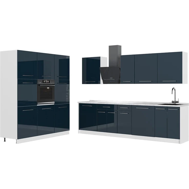 Küchenzeile Fame-Line Dunkelblau Hochglanz/Weiß 460 cm, AP Marmor Vicco – Bild 1