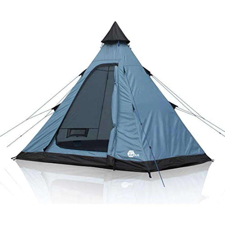 your GEAR Zelt Lido - Tipi-Zelt für 3 oder 4 Personen, Campingzelt mit eingenähtem Boden, Insektenschutz und Stehhöhe, Pyramidenzelt mit UV 50+ Sonnenschutz, Festivalzelt mit 5000 mm Wassersäule, Blau & Grau – Bild 1