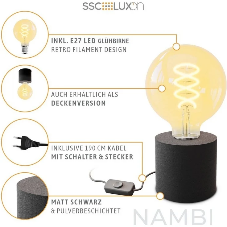 SSC-LUXon LED Spiegelleuchte NAMBI Wand- & Tischlampe schwarz mit Steckerkabel mit LED E27 Globe, Extra Warmweiß – Bild 2