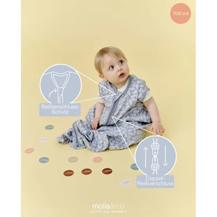 molis&co - Baby Schlafsack 0.5 TOG - Sommerschlafsack für Jungen - Neugeborene Babyschlafsack ohne Ärmel - 100% Baumwolle (Oeko-TEX 100), Premium Qualität - Blue Garden (70 cm) – Bild 3