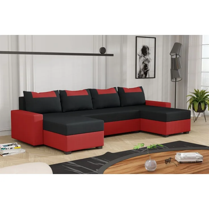 Wohnlandschaft Schlafsofa Sofa HEDVIG LUX Stoff Manila Rot- Schwarz