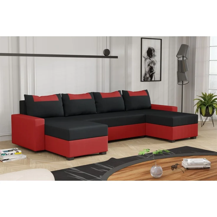 Wohnlandschaft Schlafsofa Sofa HEDVIG LUX Stoff Manila Rot- Schwarz – Bild 1