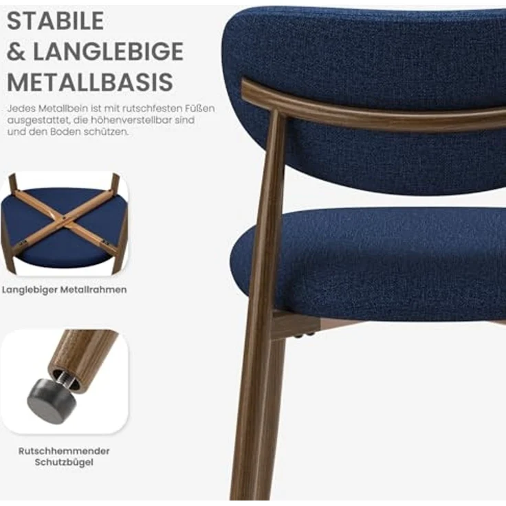 COLAMY Moderne Polsterstuhl Essstühle 2er Set, Küchenstuhl Esszimmerstühle mit Fester Rückenlehne, Stoff Esszimmerstühl mit Metallbeinen für Esszimmer, Küche, Restaurant, Blau – Bild 5