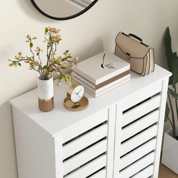 Mobiler Schuhschrank mit 5 Ebenen, 4 verstellbaren Einlegeböden und Lamellentüren, aus Holz, 76 x 33 x 98 cm, Weiß – Bild 10