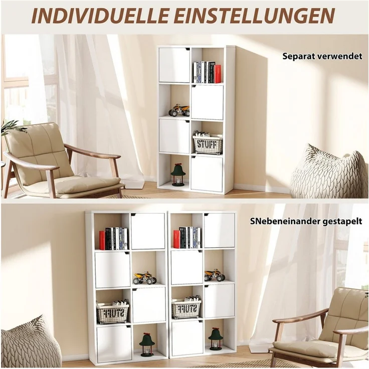 oyajia Bücherregal Bücherschrank 112cm für Wohnzimmer Home Office, 8 Fächer mit 4 Türen, Standregale, für Wohnzimmer, Büro, Weiß – Bild 2