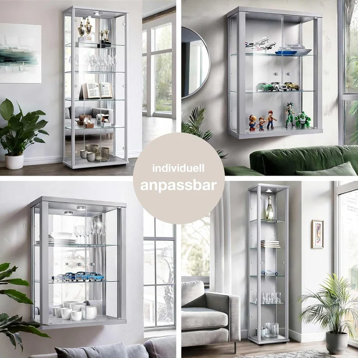 K-Mbel Glas Vitrinenschrank 2-trig (176x67x33cm) - Made in Germany - Standvitrine Silber / Alu mit 4 hhenverstellbaren Glasbden, Spiegel, Schloss & LED - Glasvitrine Stehend - Sammler – Bild 3