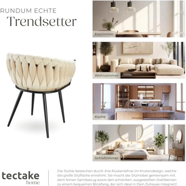 tectake Esszimmerstuhl Astano (6er Set, 6 St), gepolstert, mit Samtbezug, Knotendesign – Bild 8