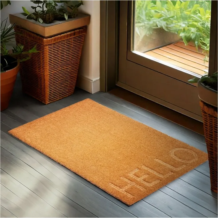 BRUBAKER Fußmatte Hello - 45 x 75 cm Schmutzfangmatte aus 100% Kokos - 3D Fußabtreter, Rechteckig, Höhe: 16 mm, Türmatte für Außen und Innen - Wetterfest und Rutschfest - Braun