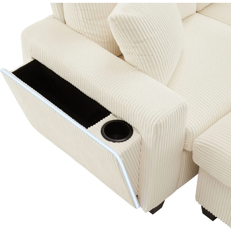 Cord-Sofa mit 2 Stauraumhockern, Leselampe, Klappkonsole, App-LED und USB-C, U-förmige Lounge-Couch mit Getränkehalter, Beige – Bild 4