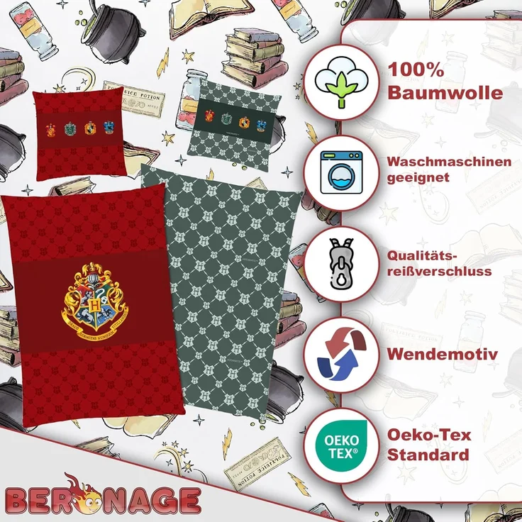 BERONAGE Wendebettwäsche Harry Potter Bettwäsche Zauberschule Rot Linon / Renforcé, Baumwolle, 2 teilig – Bild 2