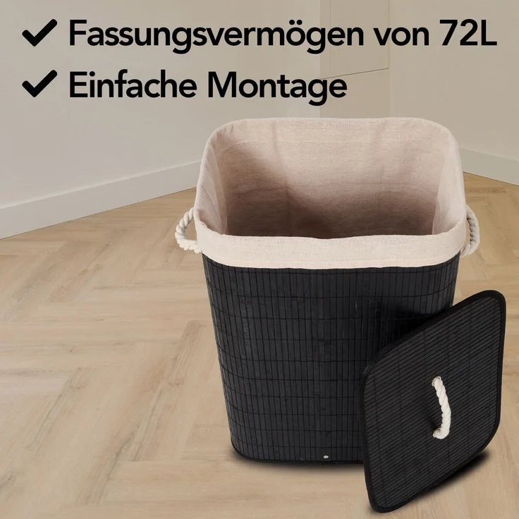 Brixy Wäschekorb mit Deckel Schwarz - Bambus - Waschbarer Wäschesack aus Baumwolle - Griffe - 72 Liter - Schwarz – Bild 5