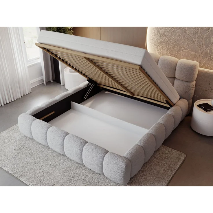 GRAINGOLD Modo Polsterbett 160x200, Doppelbett mit Kopfteil, groß Stauraum, Bouclé-Stoff, Hellgrau – Bild 5
