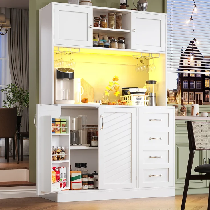 Seitenboard / Aufbewahrungsschrank / Küchenschrank / Buffetschrank, 120x40x188cm, mit LED-Beleuchtung, Snackregal & Getränkehaltern, 4 Türen & 2 große Schubladen, Grün/Schwarz/Weiß--Weiß--120x40x188cm--YOUDENOVA – Bild 3