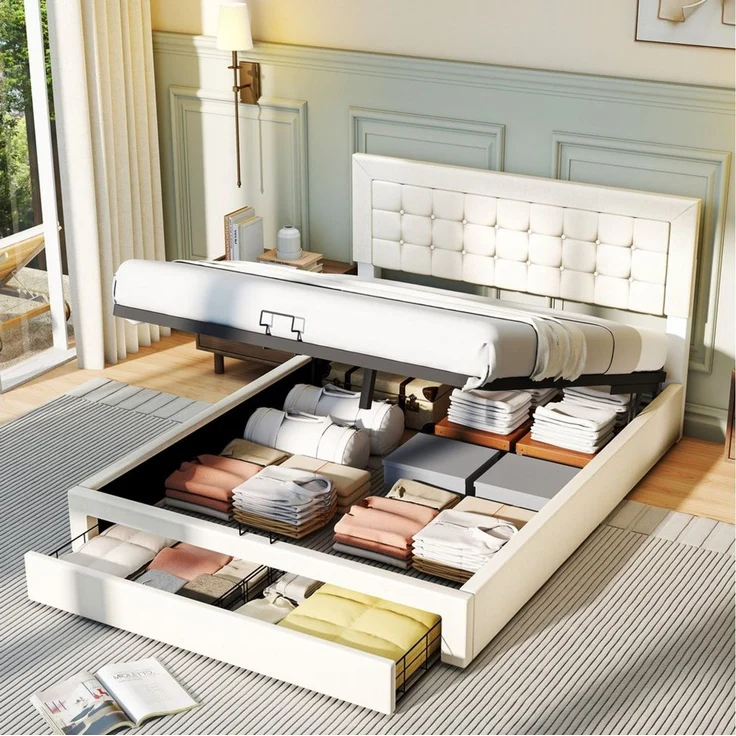 oyajia Polsterbett Doppelbett Polsterbett 140x200cm, Luftdruck anhebbarer Stauraumbett (Leinenmaterial Polsterbett mit Lattenrost und Luftdruckhebel), Modernes Jugendbett, Leises Design, Einfach zu montieren und stabil – Bild 1