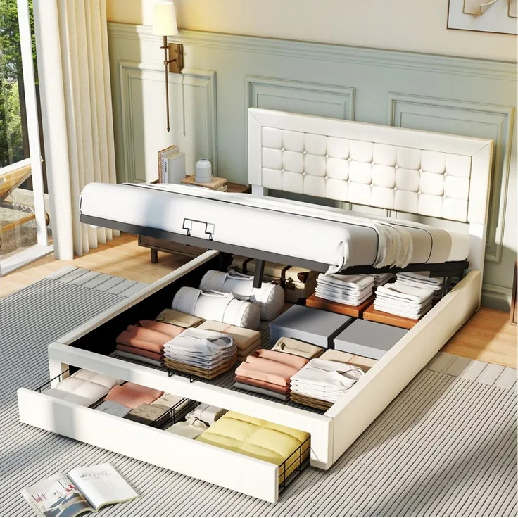 oyajia Polsterbett Doppelbett Polsterbett 140x200cm, Luftdruck anhebbarer Stauraumbett (Leinenmaterial Polsterbett mit Lattenrost und Luftdruckhebel), Modernes Jugendbett, Leises Design, Einfach zu montieren und stabil