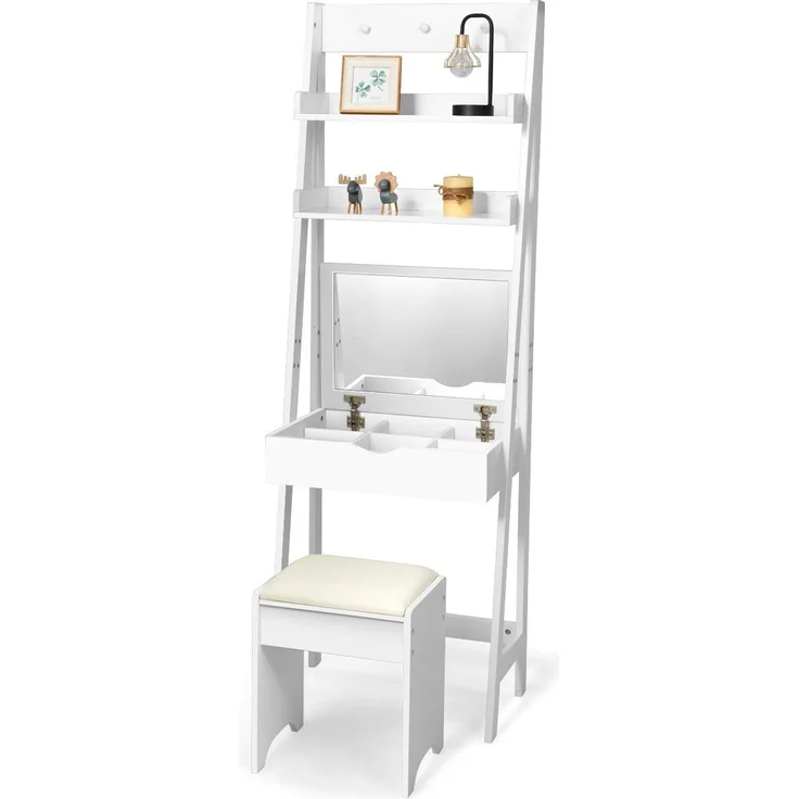 COSTWAY Schminktisch mit Klappspiegel, Hocker, Haken und Ablagefächern, Holz weiß, 60 x 40 x 180 cm – Bild 1