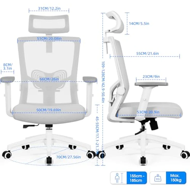 Daccormax Bürostuhl Ergonomisch, mit verstellbarer Kopfstütze, Lendenwirbelstütze & Wippfunktion, Mesh grau, 70 x 70 x 128 cm – Bild 4