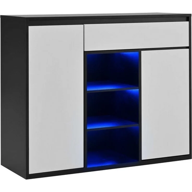 BlingBin Schuhschrank Schuhkipper Schuhkommode Schuhregal (für Flur,Diele,Bietet Platz für 12–17 Paar Schuhe, 1-St, mit zwei Türen und einer Schublade mit verstellbarem Schuhregal) LED,105x39,5x86cm,schwarz-weiß modern – Bild 4