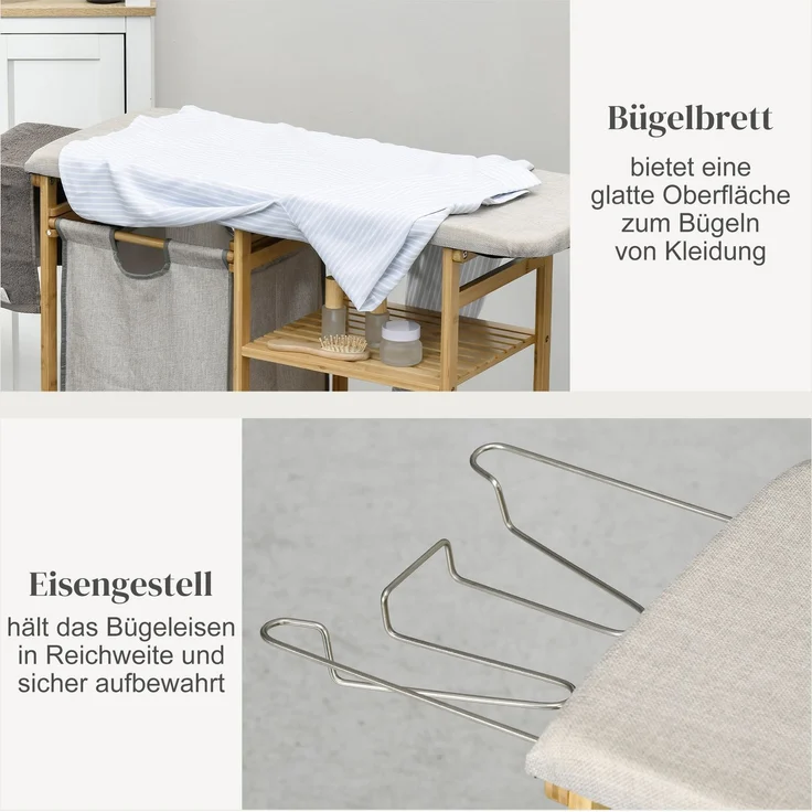 Wäschekorb 57,4 L Wäschesammler mit Bügelbrett und Bügeleisen, Wäschebox mit 3-Ebenen-Regal, ausziehbar und abnehmbare Tasche--Natürlich--113x34x82cm--YOUDENOVA – Bild 5