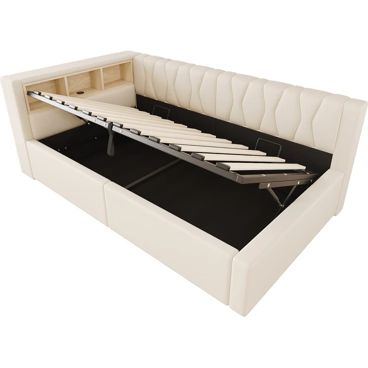 Daybett, Tagesbett, Schlafsofa,90x200cm, Ohne Matratze, Hydraulische Lagerung, mit dimmbarer LED-Leiste, mit praktischem Regal, mit USB-Anschluss, Beige – Bild 10