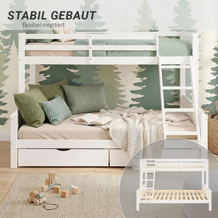 Etagenbett 90x200 und 140x200 Kinder mit 2 Bettkästen Weiß Holz Doppelstockbett Jugendbett Hochbett Stockbett – Bild 6
