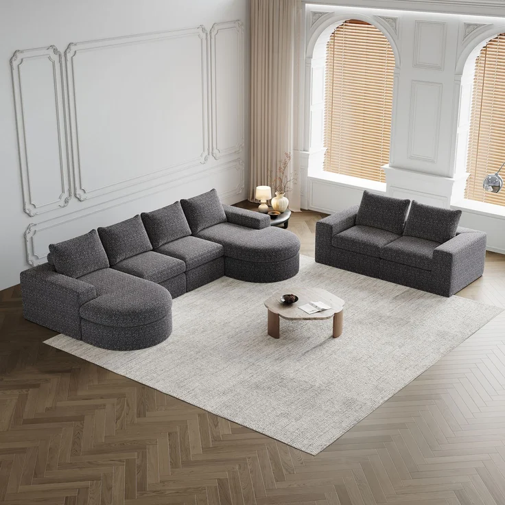 Modulares Sofa H 81.2 x T 322.5 x B 271.5 cm mit Chaiselongue, 2-teilig, Chenille in Grau, flexibel stellbar – Bild 4