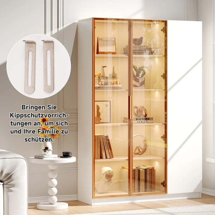 Glasvitrine, Höhe 165cm–dreitürige Vitrine mit LED-Beleuchtung, mehrfarbig einstellbar, freistehende Vitrine mit Sicherheitsglas, verstellbaren Einlegeböden und Kippschutz, weiß-Vitrine,Weinschrank--Weiß--116x41x16cm--YOUDENOVA – Bild 4