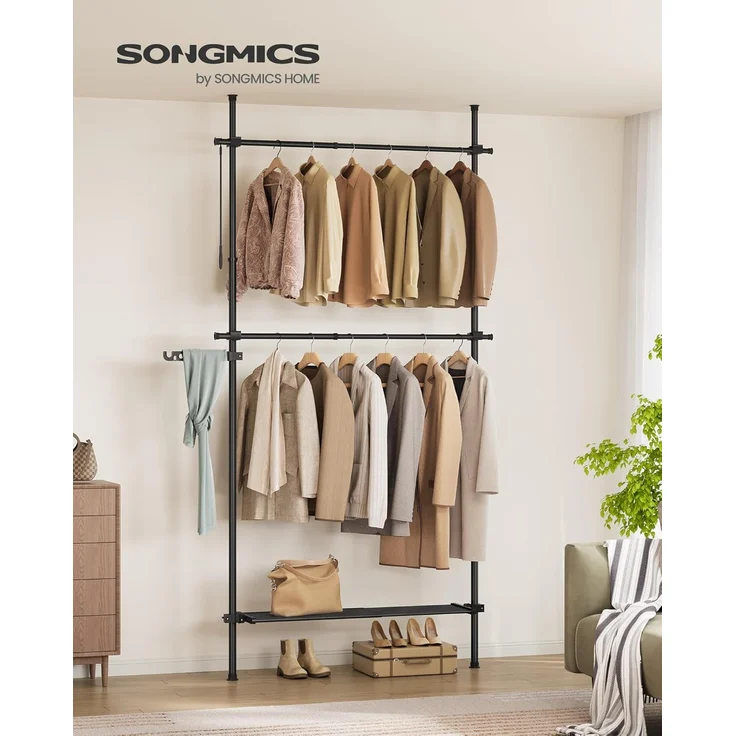 SONGMICS Teleskopstange Kleiderständer, 3-stufige Garderobe, höhen- und breitenverstellbar, offener Kleiderschrank mit 2 Kleiderstangen und abnehmbarer Ablage, Greifarm, mattschwarz HSR136B01 – Bild 2