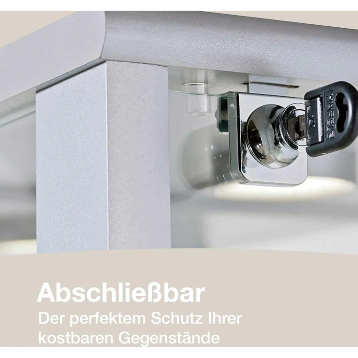 K-Mbel Glas Vitrinenschrank 2-trig (176x67x33cm) - Made in Germany - Standvitrine Silber / Alu mit 4 hhenverstellbaren Glasbden, Spiegel, Schloss & LED - Glasvitrine Stehend - Sammler – Bild 8