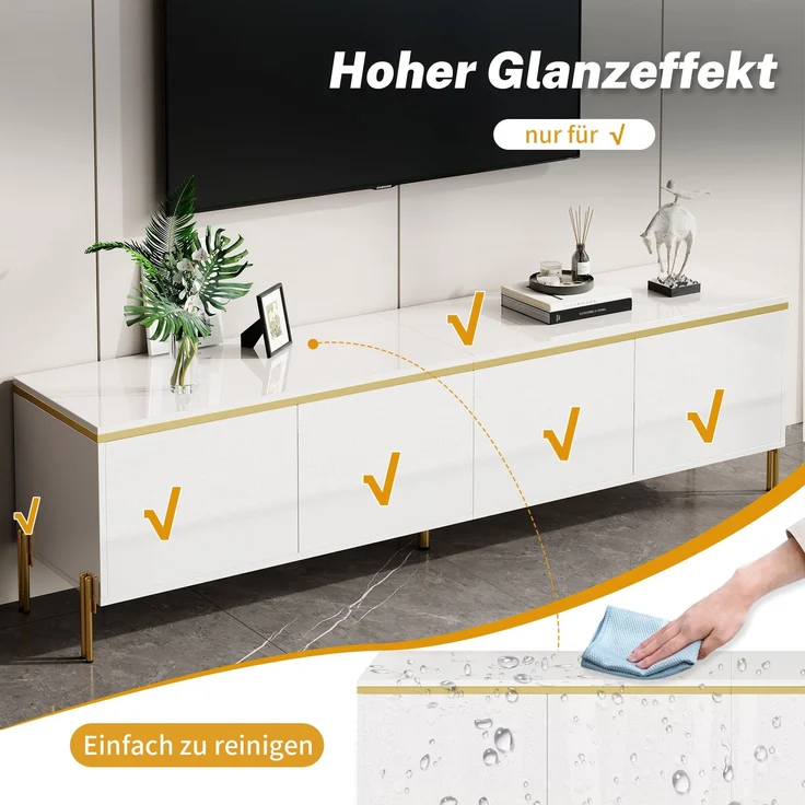EINHOM Modernes Luxus-TV-Schrank- und Couchtisch-Set, Hochglänzende Oberfläche in Unifarbe, Goldene Kanten, Großzügiger Stauraum – Bild 5