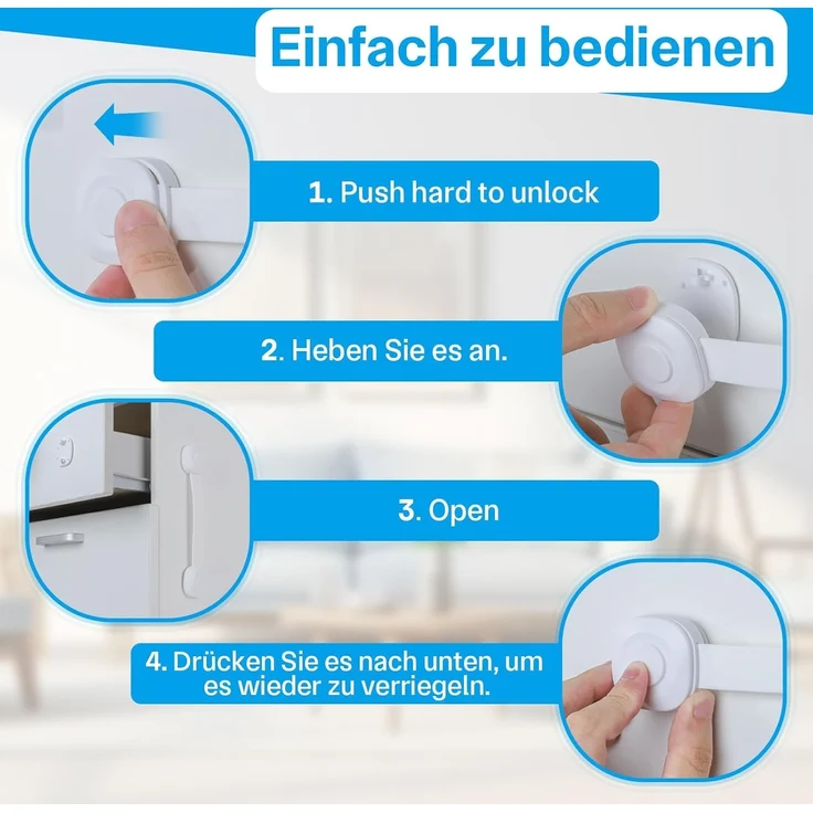 ECHOCUBE Kindersicherungen, Babysichere Schrankgurtschlösser mit Klebstoff, 10 Stück, verstellbare Babysicherungen für Schränke, Kühlschränke, Toiletten, Mülleimer (weiß) – Bild 7