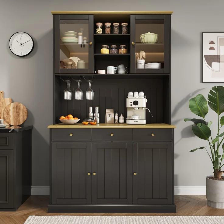 Buffetschrank 120 x 40 x 191 cm in Schwarz mit Glastüren, Schublade, Gläserhalter und Steckdosen – Bild 1