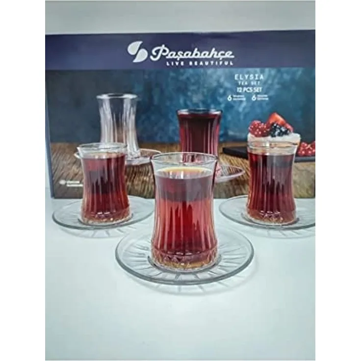 Pasabahce Elysia Teeglas Set 12 Teilig mit Untertassen aus Glas transparent