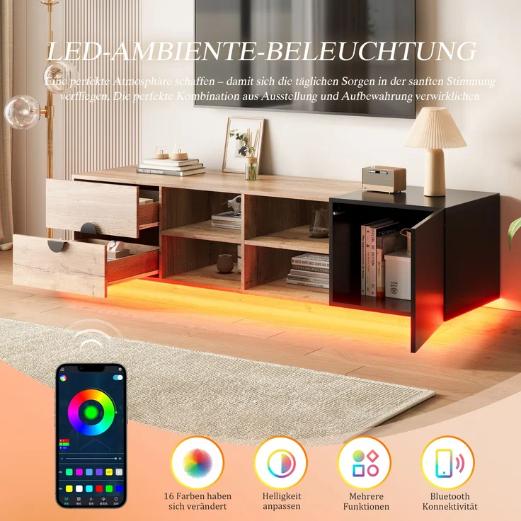 Fernsehtisch, Holzwerkstoff mit LED & Schublade, 180x38,5x47 cm, Schwarz/Natur – Bild 5