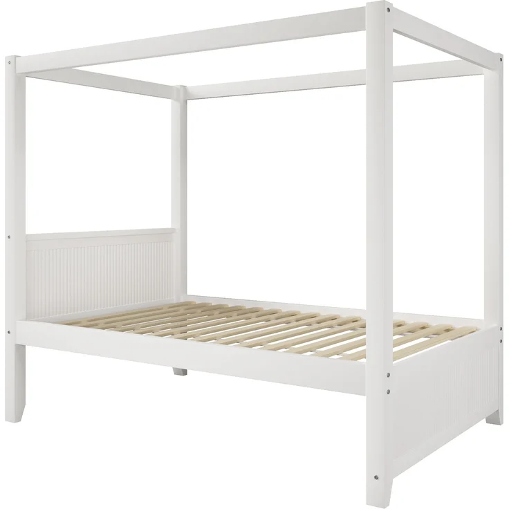 ZUBALIYA 90x200cm Himmelbett aus Holz mit dekorativem Dachrahmen und vertikalen Lamellen am Kopf- und Fußteil, Weiß – Bild 13