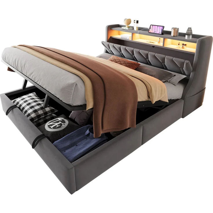 U-life Polsterbett 180x200 cm, fürs Schlafzimmer, hydraulischer Stauraum, klappbar, Steckdose und Ablagefach, LED-Beleuchtung, Sperrholz, Grau – Bild 10