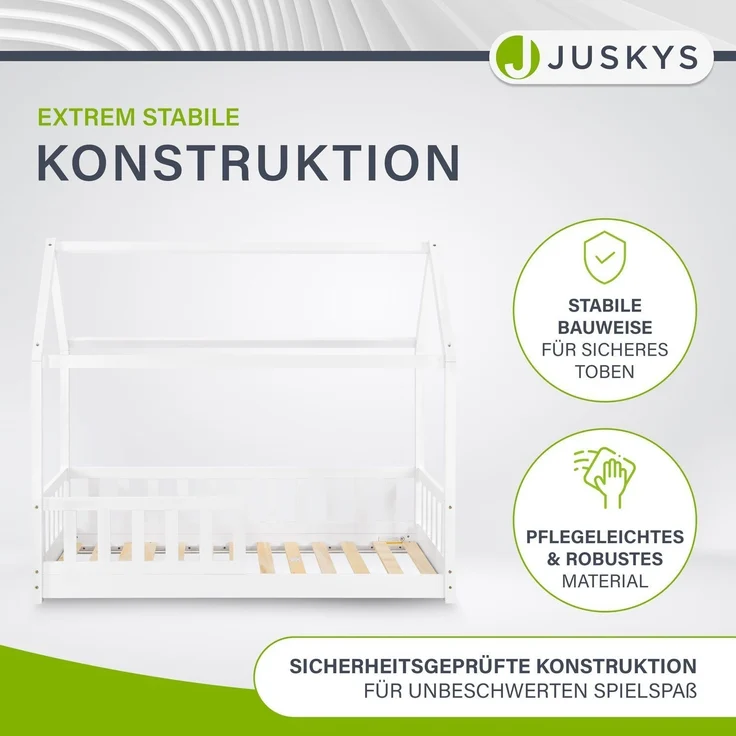 Juskys 'Marli' Kinderbett, mit Matratze, Rausfallschutz, Lattenrost & Dach - Massivholz Hausbett für Kinder - Bett in Weiß, 80x160 cm – Bild 3
