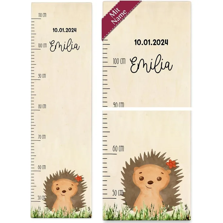 Messlatte Kinder - Igel mit Name und Datum Igelmotiv Kindermesslatte Babymesslatte Jungen Mädchen - 50-110 cm - Holz