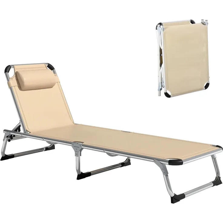 Outsunny Sonnenliege Gartenliege Alu Stoffliege Relaxliege 5-Fach verstellbar faltbar ergonomisch Netzstoff Beige 165 x 60 x 76 cm