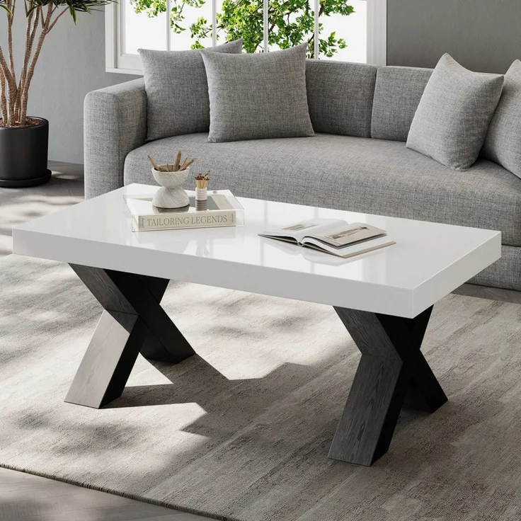 BBWL Couchtisch mit Hochglanzplatte, X-Beinen, MDF, moderner Wohnzimmertisch, Rechteck Couchtisch, Beistelltisch Weiß Schwarz 100x50x40cm – Bild 1